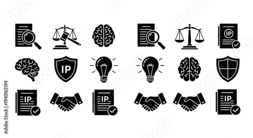 Black icons representing law intellect and intellectual property rights