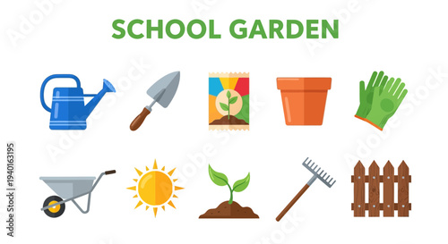 A graphic display of ten gardening items under the text SCHOOL GARDEN