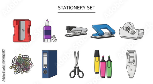 Illustration of ten common office stationery items arranged in two rows