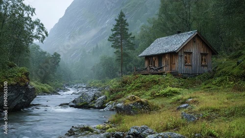 Rustic wooden cabin by river surrounded by mountains and trees  