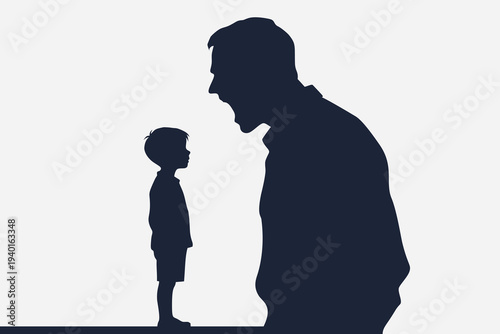 Shouting Father Looms Over Scared Child Silhouette: Dysfunctional Family Trauma, Noise