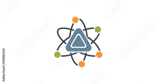 Stylized atom symbol with orbiting particles around a triangle.