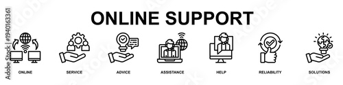 Online Support Banner Web Icon Vector Illustration Concept for Business with Icons of Online, Service, Advice, Assistance, Help, Reliability and Solutions