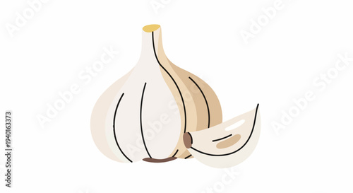 Illustration of a whole and halved bulb of garlic on a plain white background with simple lines and earthy tones.