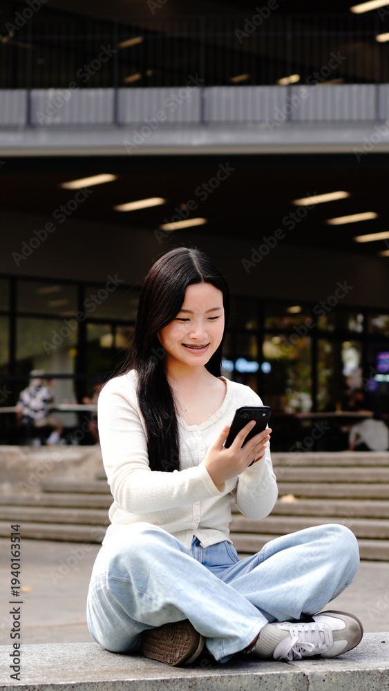 Fototapeta premium asian woman college student holding and looking smartphone walking in campus