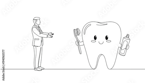 Dentist character giving a thumbs up to a smiling tooth character with tools