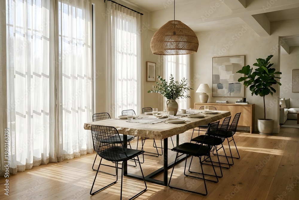 Fototapeta premium Minimalist Dining Room With Raw Edge Stone Table And Dappled Light Through Sheer Linen