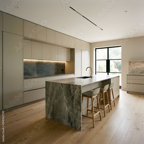 Modern Kitchen With Seamless Flat-Front Cabinetry, Warm Greige Tones, And Waterfall Edge Stone Island