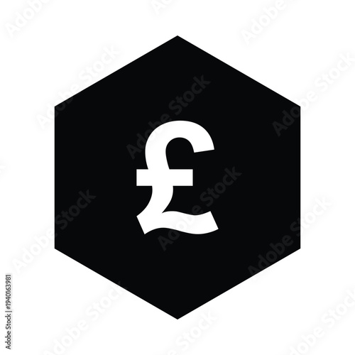 A black hexagon with a white pound symbol on a plain white background