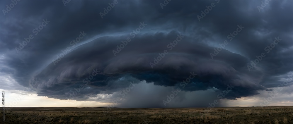 Obraz premium Dark Bruised Shelf Cloud Advancing Ominously Over Flat Landscape Threatening Immense Storm And Atmospheric Drama
