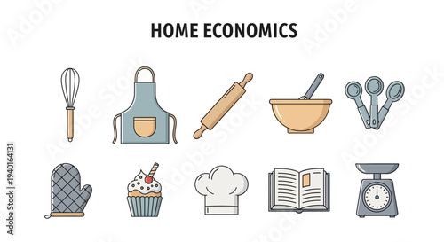 Ten illustrated baking and cooking icons arranged in two rows under a title