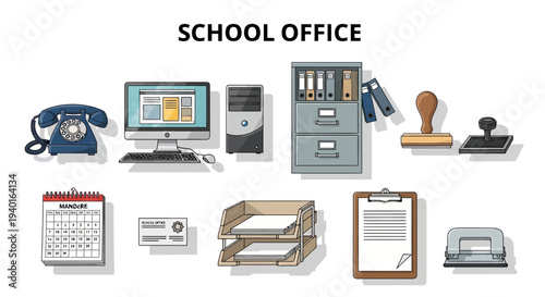 Illustrations of various items found in a school office setting