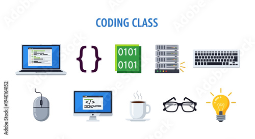 Coding Class icons laptop brackets binary server keyboard mouse monitor coffee glasses lightbulb