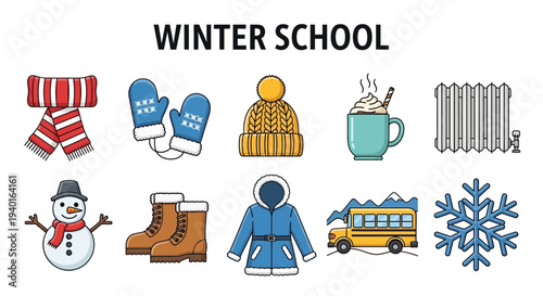 Row of ten winterthemed icons under the title WINTER SCHOOL