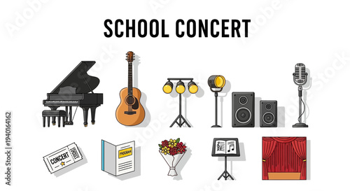 School concert elements including musical instruments lighting sound equipment and stage props