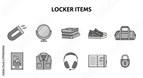 Ten grayscale icons illustrating various items commonly stored in a school locker