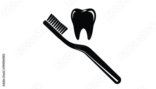 Black silhouette of toothbrush and tooth on a illustration