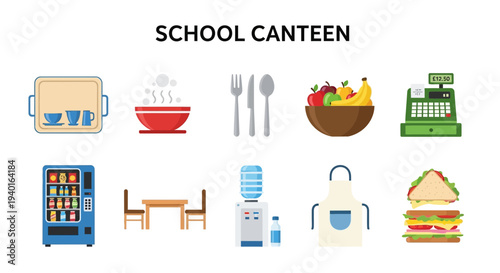 School Canteen illustrations including food equipment and furniture