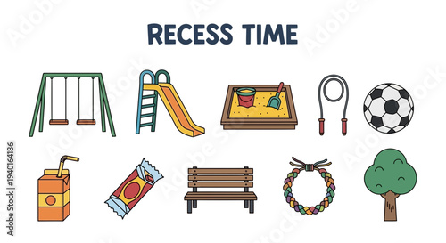 Cartoon icons related to recess time displayed in two rows above a white background
