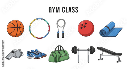 Illustration of ten different pieces of gym and sports equipment
