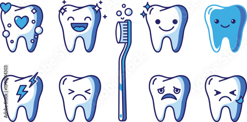 Cute Cartoon Tooth Characters Set with Emotions and Toothbrush Dental Hygiene Mascot Illustration