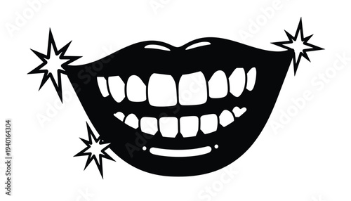 Black and white illustration of smiling mouth with sparkles