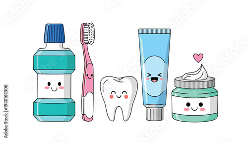 Cartoon oral hygiene products with smiling faces