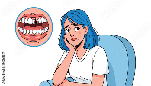 Woman with blue hair looking at her teeth with a concerned expression