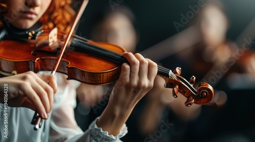 A passionate musician elegantly plays the violin during a live performance, capturing the emotion and artistry of music, connecting deeply with the audience's hearts.