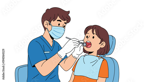 Dentist examining a young patient in a dental chair, wearing a mask and gloves