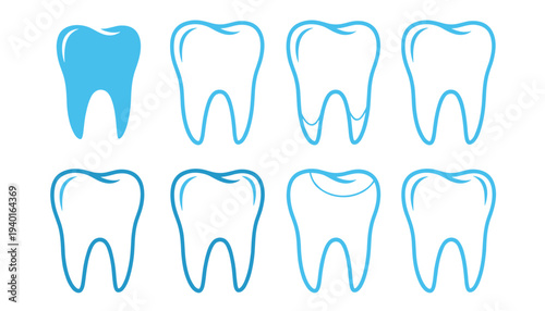 Set of eight blue outlined teeth icons