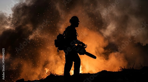 Silhouette Wildland Firefighter With Chainsaw Tool Outline Against Ember Glow And Rugged Smoke