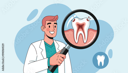 Dentist examining a tooth with a magnifying glass in a cartoon illustration blue background