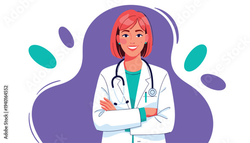 Female doctor with stethoscope smiling confidently on purple background