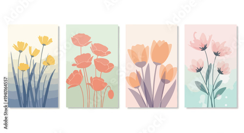 Collection of beautiful backgrounds with spring flowers daisies, tulips, wildflowers with soft, blurred outlines and gradients in pastel shades. The overall style is dreamy, soft, and artistic. 