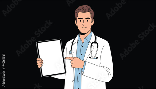 A cartoon doctor holding a blank tablet with a stethoscope around his neck