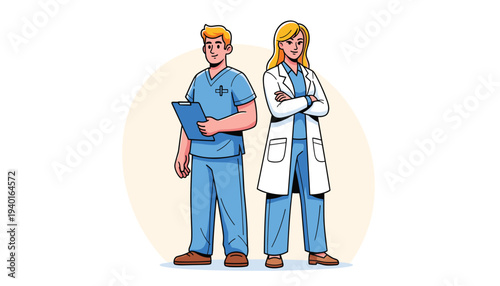 Cartoon male doctor and female doctor standing together in medical attire