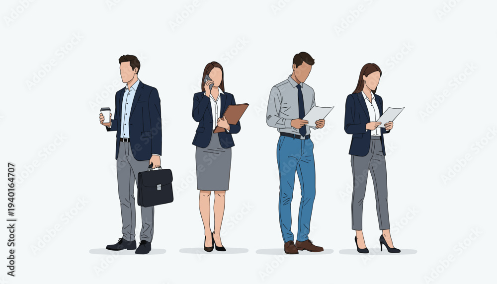 Obraz premium Four business professionals standing in a line, working on devices