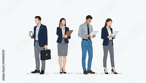 Four business professionals standing in a line, working on devices