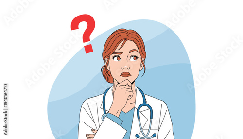 Thoughtful female doctor with question mark, confused expression