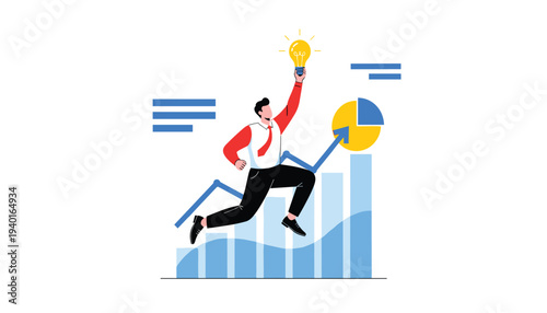 Businessman celebrating success with graph and chart