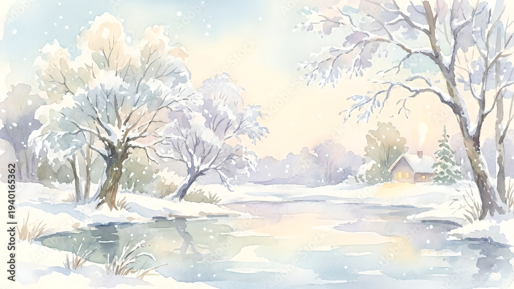 Fototapeta premium Serene Winter Landscape with Snow-Covered Trees and a Quiet Pond