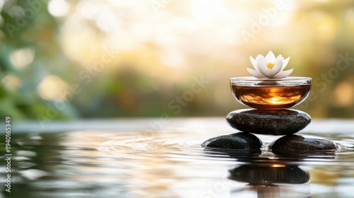 A serene scene featuring a floating lotus flower, gently resting atop a glass bowl, balanced on smooth stones, creating a peaceful and calming atmosphere for mindfulness.