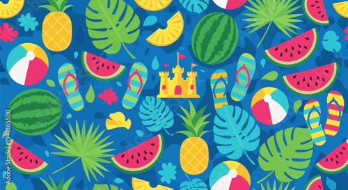 Summer vacation and beach party pattern with tropical fruits, flip-flops, and beach balls on a blue background, perfect for summer themes