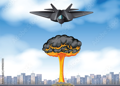 Terrifying vector illustration of a stealth fighter jet flying above a towering nuclear mushroom cloud with a fiery orange blast column over a city.