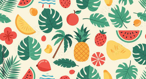 Colorful seamless pattern showcasing a cheerful mix of tropical fruits like pineapple, watermelon, and strawberry alongside various exotic leaves and palm trees, ideal for vibrant summer designs
