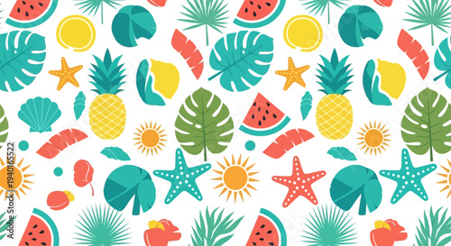 Vibrant tropical summer seamless pattern. Features exotic fruits, lush palm leaves, suns, and beach elements like starfish and seashells. Ideal for lively holiday designs