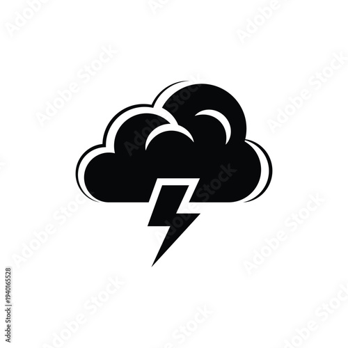 A black cloud with a lightning bolt symbol on a white background
