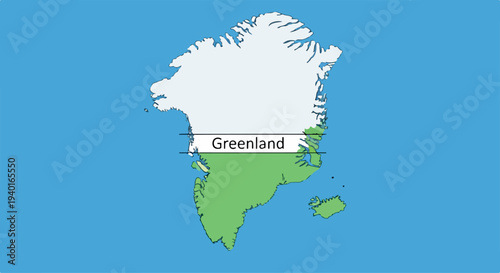 Map illustration of Greenland with a white label on a blue ocean background.