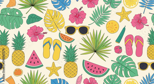 Vibrant Tropical Summer Pattern with Hand-Drawn Fruits, Leaves, and Beach Accessories – Perfect for Holiday Designs and Vacation Backgrounds